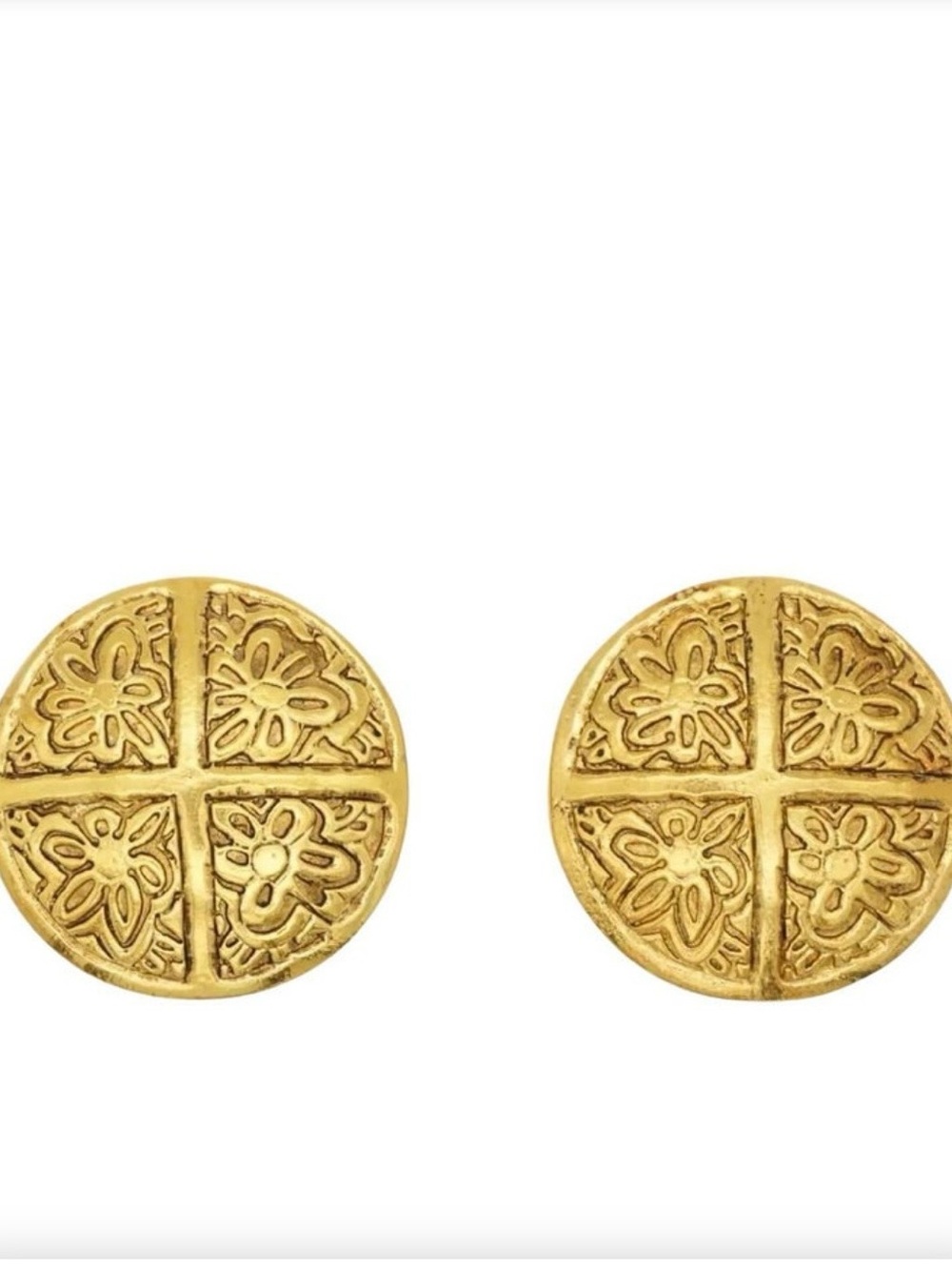 Chanel Vintage 1995 Large Camellia Flower Cross Circle Round Dome Clip Earrings